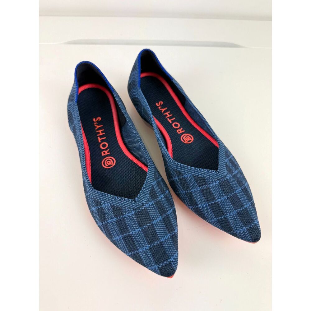 Rothy’s The Point Indigo Gingham Plaid Flats 8.5